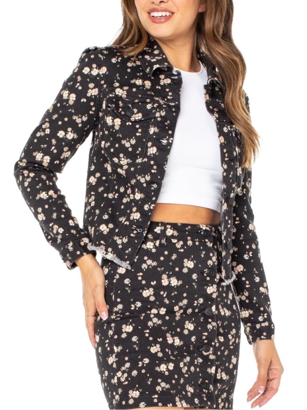 Celebrity Pink NWT Black Floral Denim Jacket